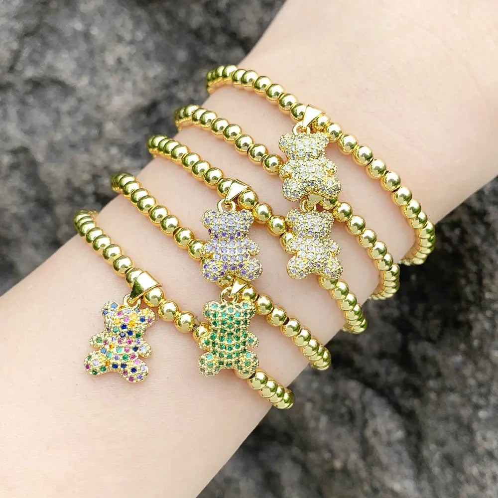 Beaded Chain Bear Bracelets for Women Green Crystal Teddy Bear Bracelets Animal Jewelry Gifts brtk56