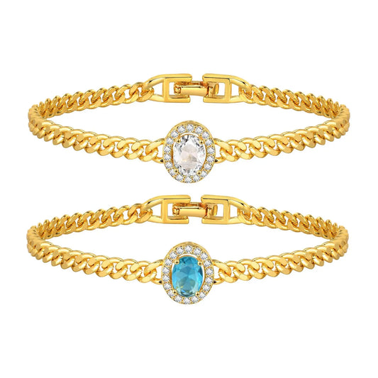 Bracelet for Women Gold Plated, Cuban Chain with Blue Cubic Zirconia Charms Wrist Jewelry for Her Gift