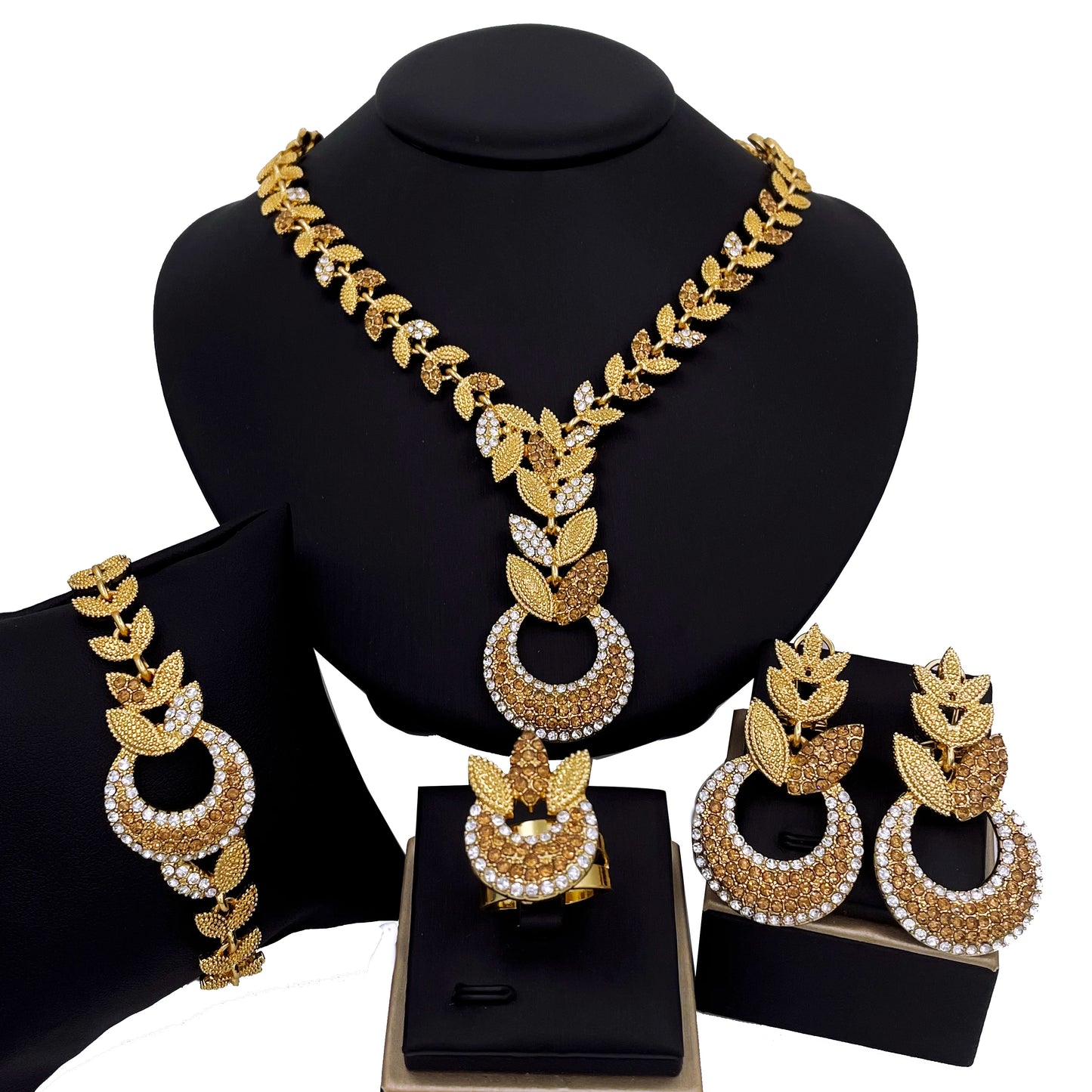 Luxury Women's Jewelry 18K Gold Plated Wheatear Pattern Necklace Earring Bracelet And Ring Full Set Jewelry Wedding Party Gift