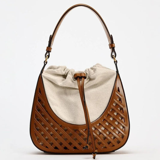 Women's bag 2025 new dark brown commuter one-shoulder portable bucket bag vintage woven handbag crossbody bag
