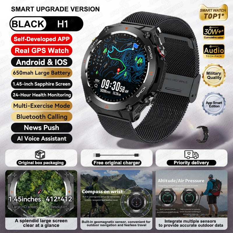 2024 New GPS Smart Watch 1.45" Ultra HD Display Built-in GPS & Compass Make/Receive Phone Calls 650mAh Battery Smart Braceletes