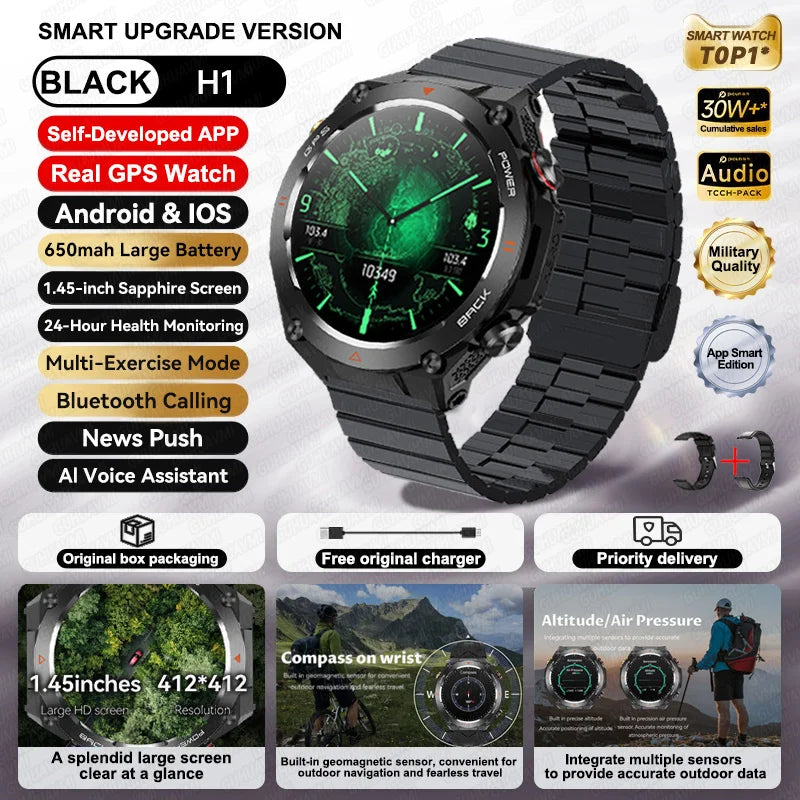 2024 New GPS Smart Watch 1.45" Ultra HD Display Built-in GPS & Compass Make/Receive Phone Calls 650mAh Battery Smart Braceletes