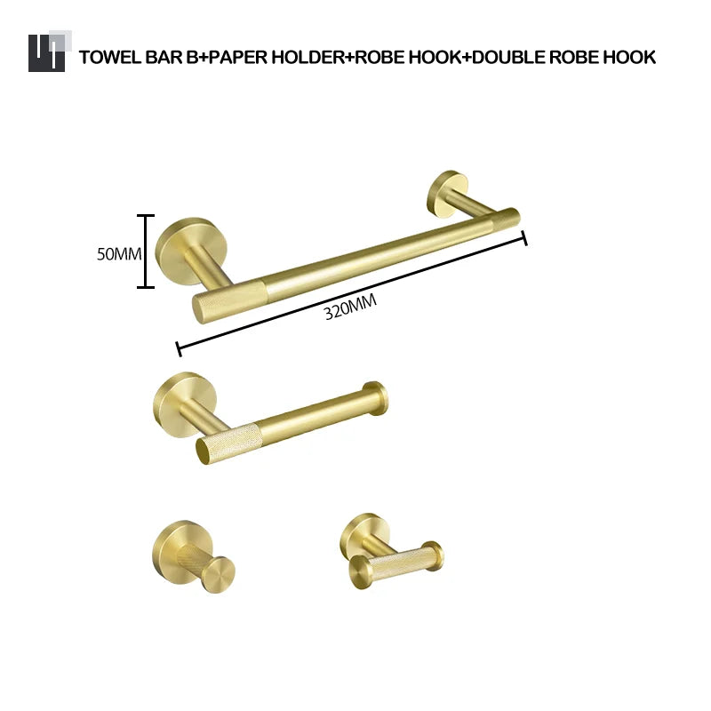 Brushed Gold Bathroom Accessories Set Hardware Kit Wall Mount Hand Towel Bar Rack Toilet Roll Paper Holder Robe Hook Hanger