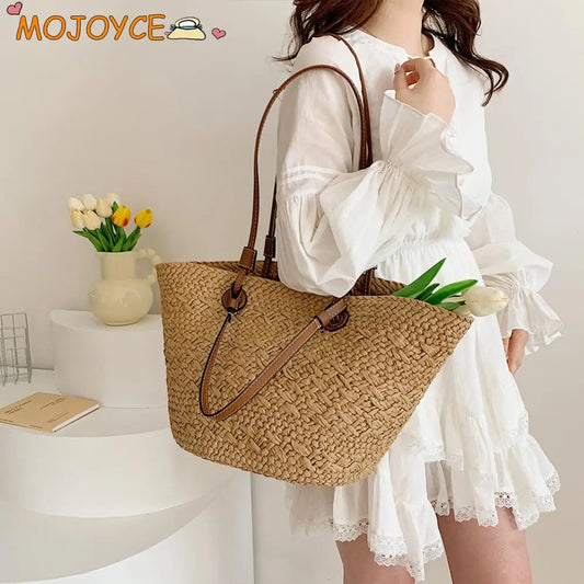 Women Woven Tote Bag Fashion Shoulder Bag Large Capacity Summer Beach Bags Stylish Weaving Bag Chic Hobo Bag for Outdoor Travel