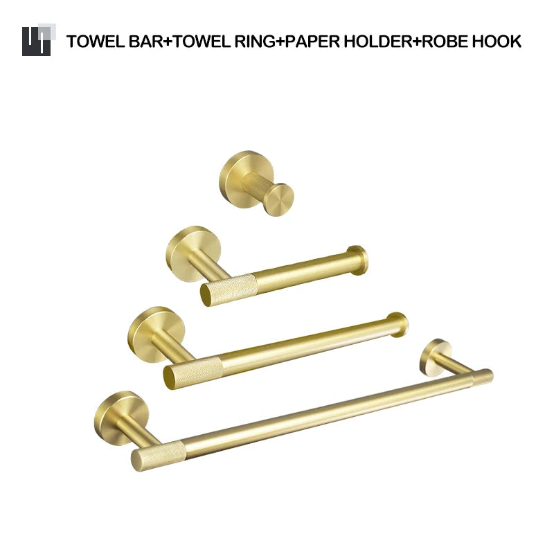 Brushed Gold Bathroom Accessories Set Hardware Kit Wall Mount Hand Towel Bar Rack Toilet Roll Paper Holder Robe Hook Hanger