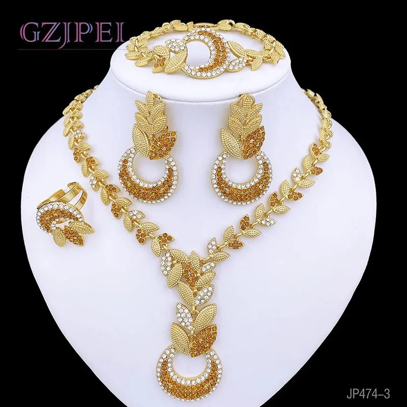 Luxury Women's Jewelry 18K Gold Plated Wheatear Pattern Necklace Earring Bracelet And Ring Full Set Jewelry Wedding Party Gift