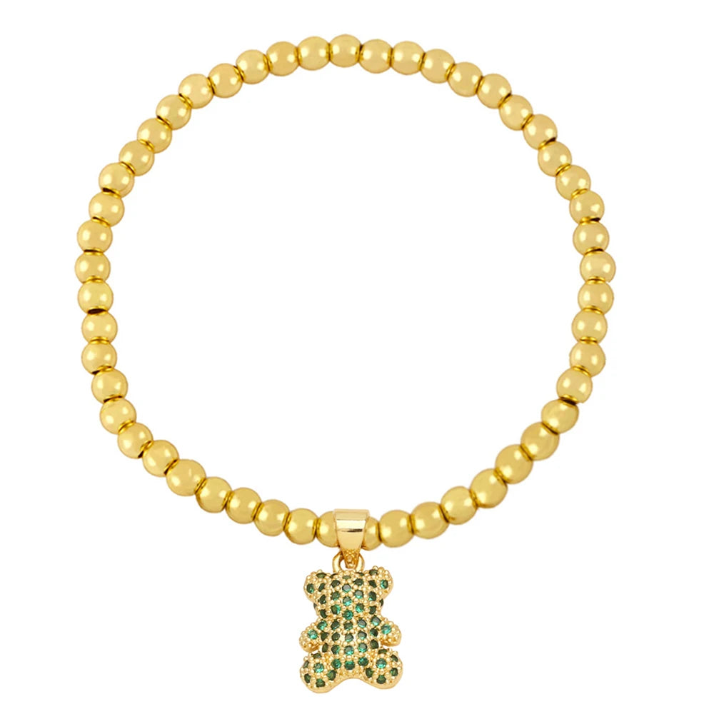 Beaded Chain Bear Bracelets for Women Green Crystal Teddy Bear Bracelets Animal Jewelry Gifts brtk56