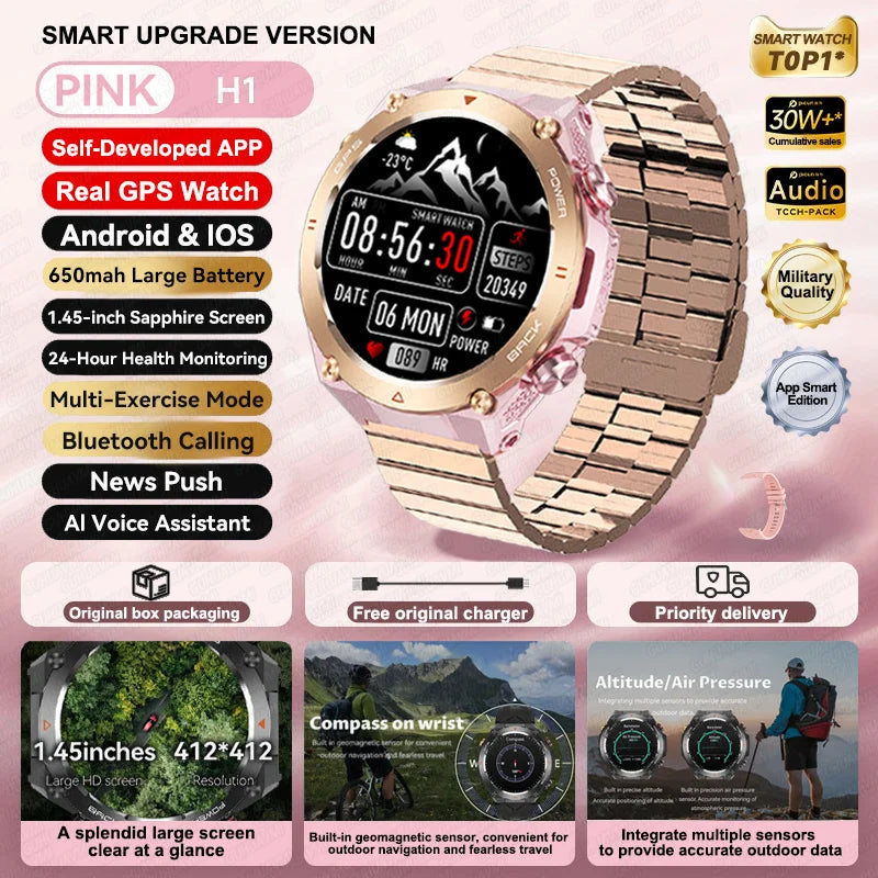 2024 New GPS Smart Watch 1.45" Ultra HD Display Built-in GPS & Compass Make/Receive Phone Calls 650mAh Battery Smart Braceletes