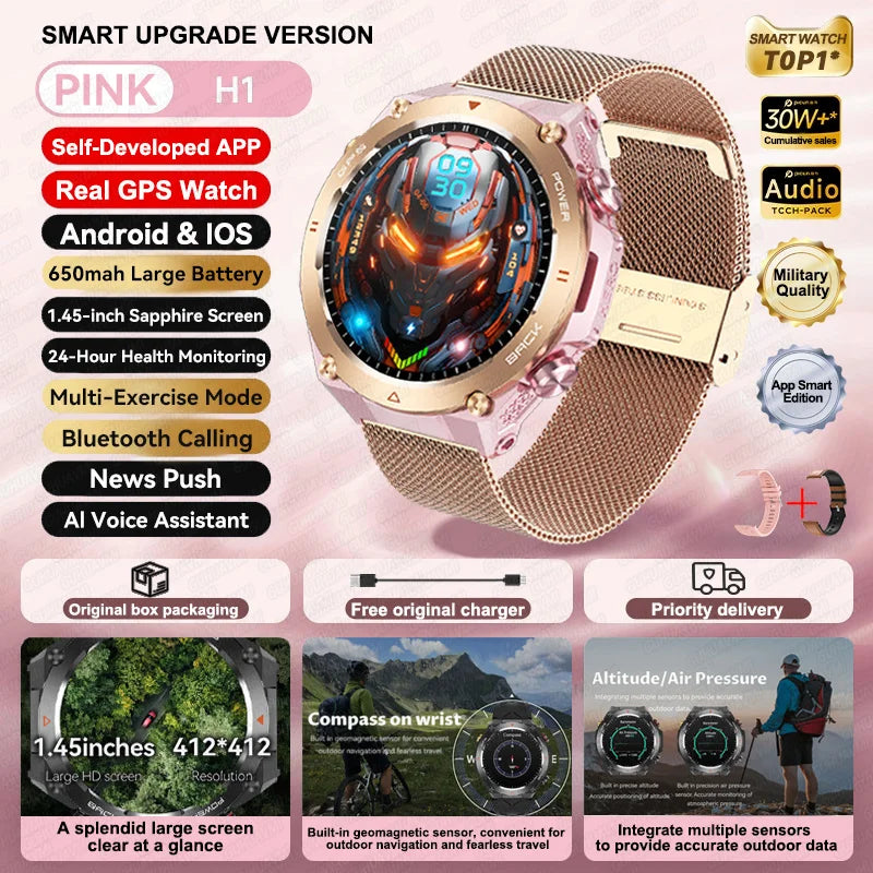 2024 New GPS Smart Watch 1.45" Ultra HD Display Built-in GPS & Compass Make/Receive Phone Calls 650mAh Battery Smart Braceletes