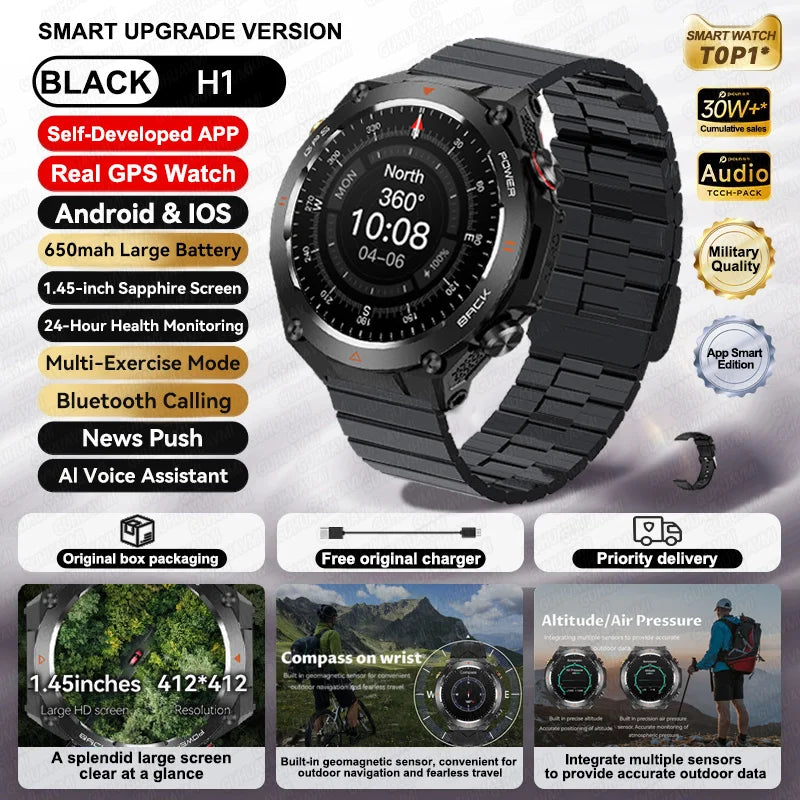 2024 New GPS Smart Watch 1.45" Ultra HD Display Built-in GPS & Compass Make/Receive Phone Calls 650mAh Battery Smart Braceletes
