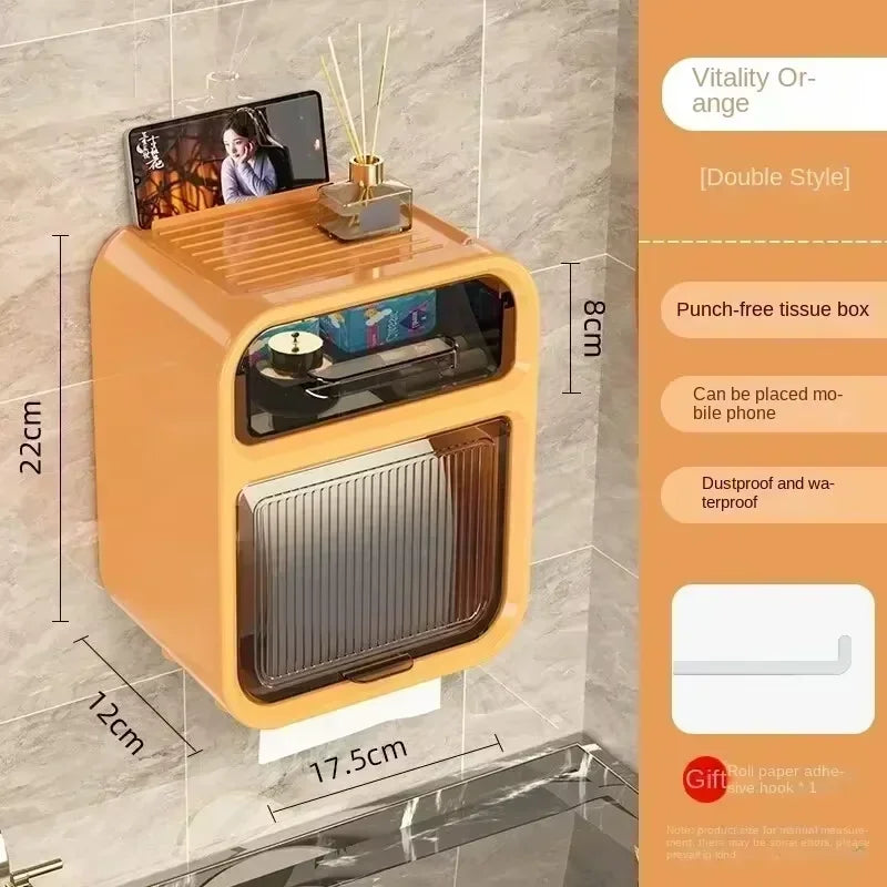 Bathroom Square Tissue Box  Wall-Mounted Toilet Tissue Holder Storage Organizer Double Layer Storage Rack Toilet Roll Holder