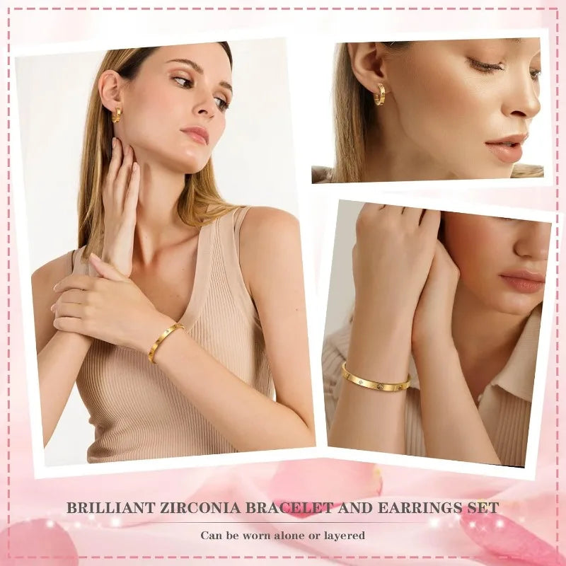 Womens Gold Bracelets Bangle 18K Gold Plated Love Cubic Zirconia Bangle Crystal Friendship Jewelry Party Birthday Gift for Her