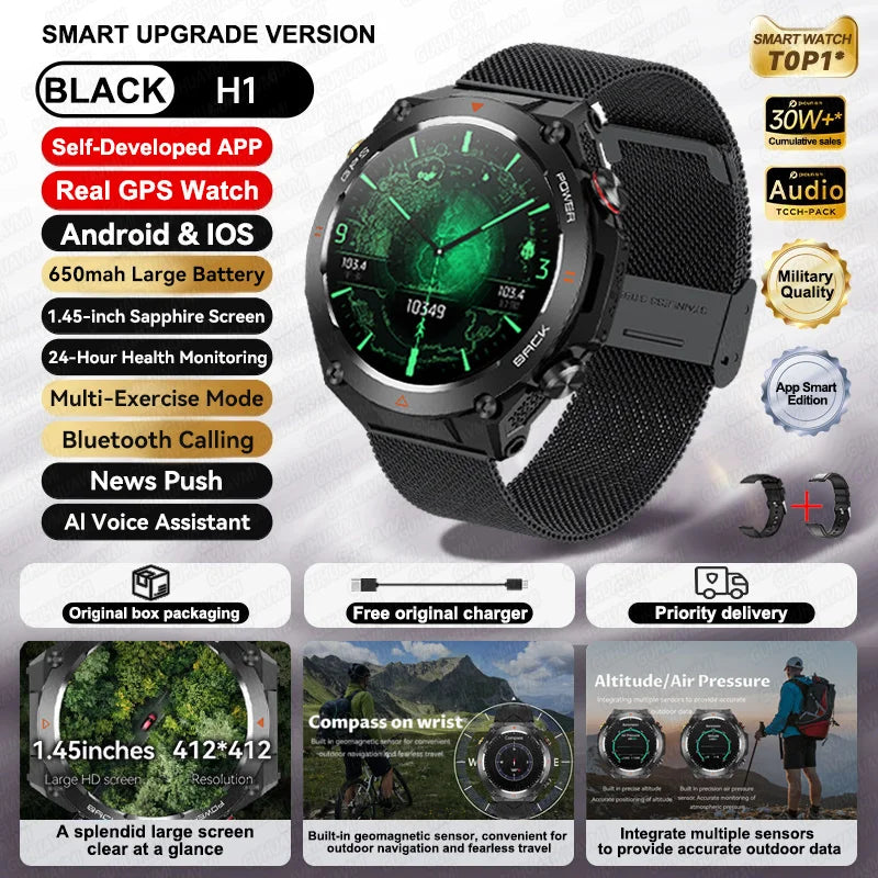 2024 New GPS Smart Watch 1.45" Ultra HD Display Built-in GPS & Compass Make/Receive Phone Calls 650mAh Battery Smart Braceletes
