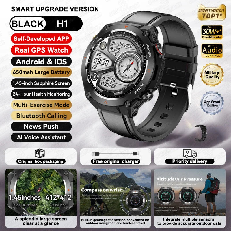 2024 New GPS Smart Watch 1.45" Ultra HD Display Built-in GPS & Compass Make/Receive Phone Calls 650mAh Battery Smart Braceletes