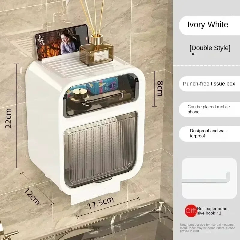 Bathroom Square Tissue Box  Wall-Mounted Toilet Tissue Holder Storage Organizer Double Layer Storage Rack Toilet Roll Holder
