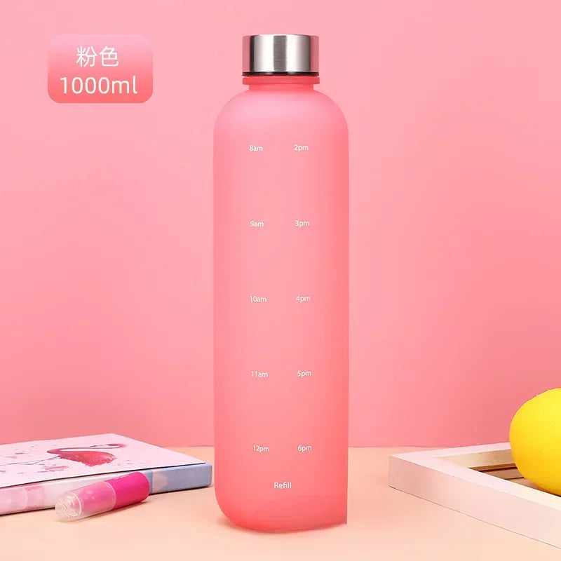 New 1L Water Bottle with Time Stamp BPA Free Reusable Fitness Sports Outdoor Travel Leakproof Water Cup Frosted Kettle