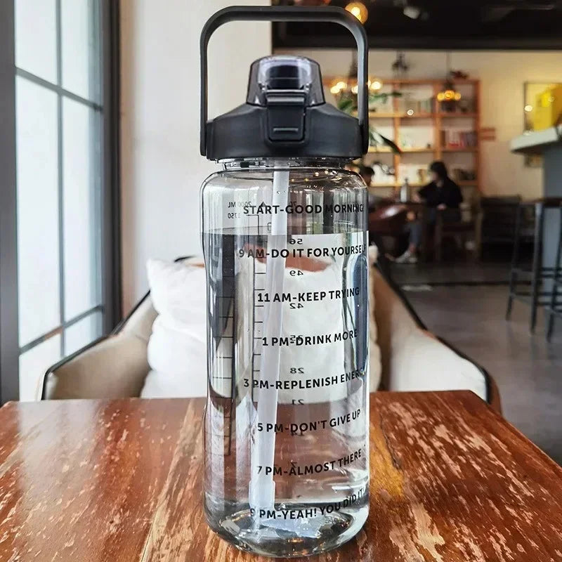 2L Straw Water Bottle Large Capacity Plastic Water Cup Portable Drink Bottle With Time Marker For Outdoor Sports Fitness