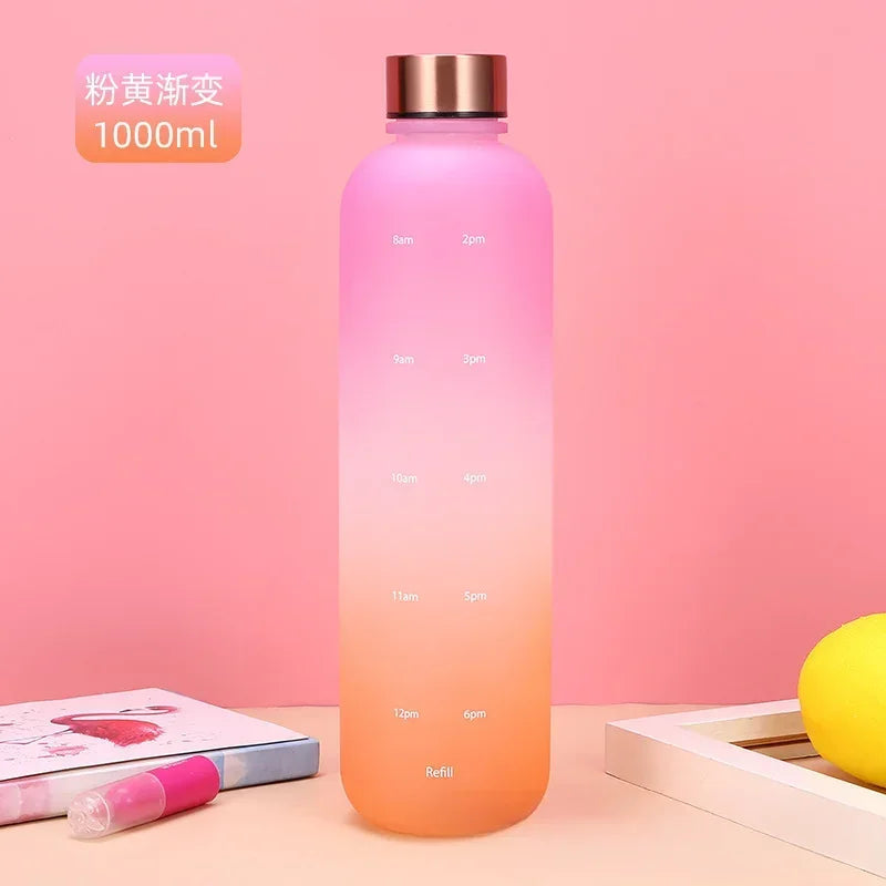 New 1L Water Bottle with Time Stamp BPA Free Reusable Fitness Sports Outdoor Travel Leakproof Water Cup Frosted Kettle