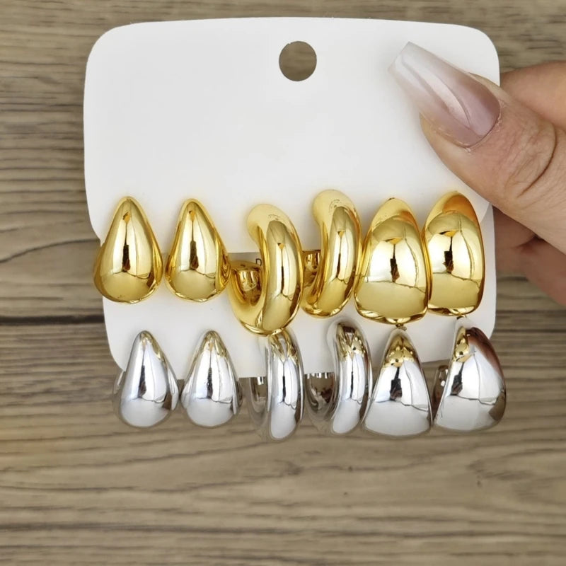 6 Pieces Water Drop Shaped Ear Rings Stylish C Shaped Charm Earrings for Daily Wear Fashionable Party Jewelry