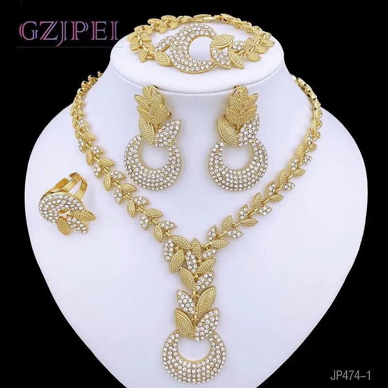 Luxury Women's Jewelry 18K Gold Plated Wheatear Pattern Necklace Earring Bracelet And Ring Full Set Jewelry Wedding Party Gift