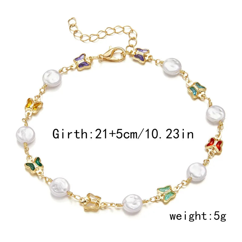 Exquisite Boho Candy Color Heart Shaped Crystal Bracelet for Women Fashion Charm Zircon Butterfly Pearl Metal Chain Bracelets