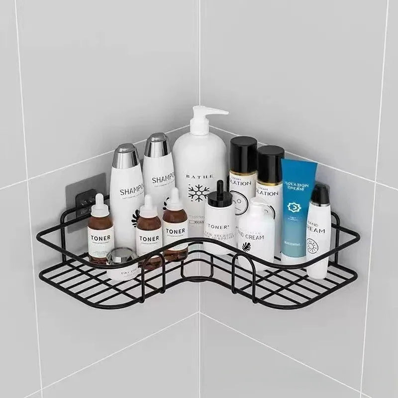 Bathroom Corner Triangle Shelf  Wall Mounted Storage Shelves Shampoo Holder Cosmetic Rack Iron Shower Drain Basket Organizer