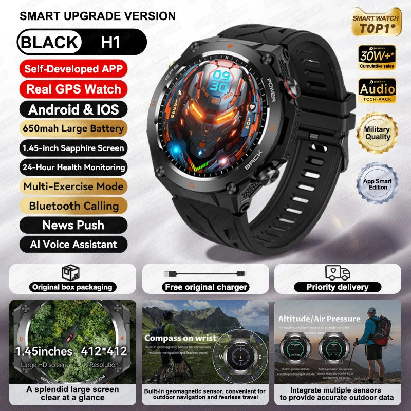2024 New GPS Smart Watch 1.45" Ultra HD Display Built-in GPS & Compass Make/Receive Phone Calls 650mAh Battery Smart Braceletes